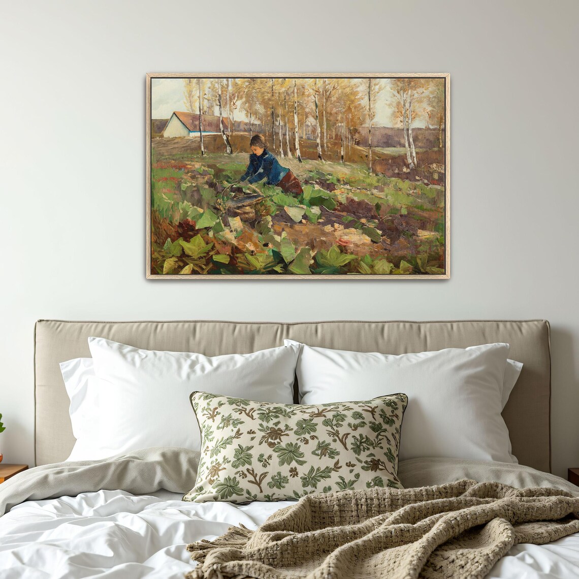 Framed Print Of Woman Gathering Vegetables In Field Landscape Wall Art Green And Brown Entryway Artwork Rustic Oil Painting - Image 4