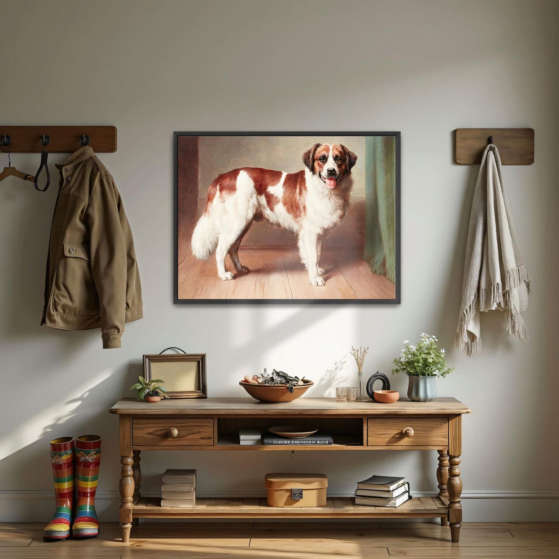 Framed Wall Art Of St Bernard Dog Portrait In A Room Animal Wall Art White And Brown Living Room Decor Victorian Oil Painting