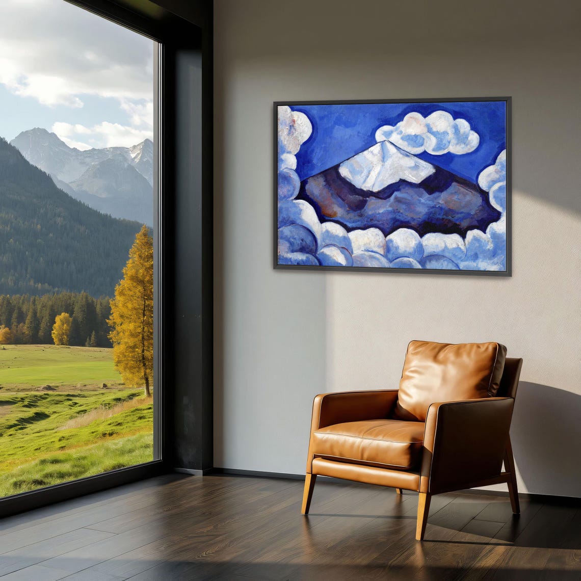 Snow Capped Volcano Peak Under Deep Blue Sky With Clouds Poster - Image 3