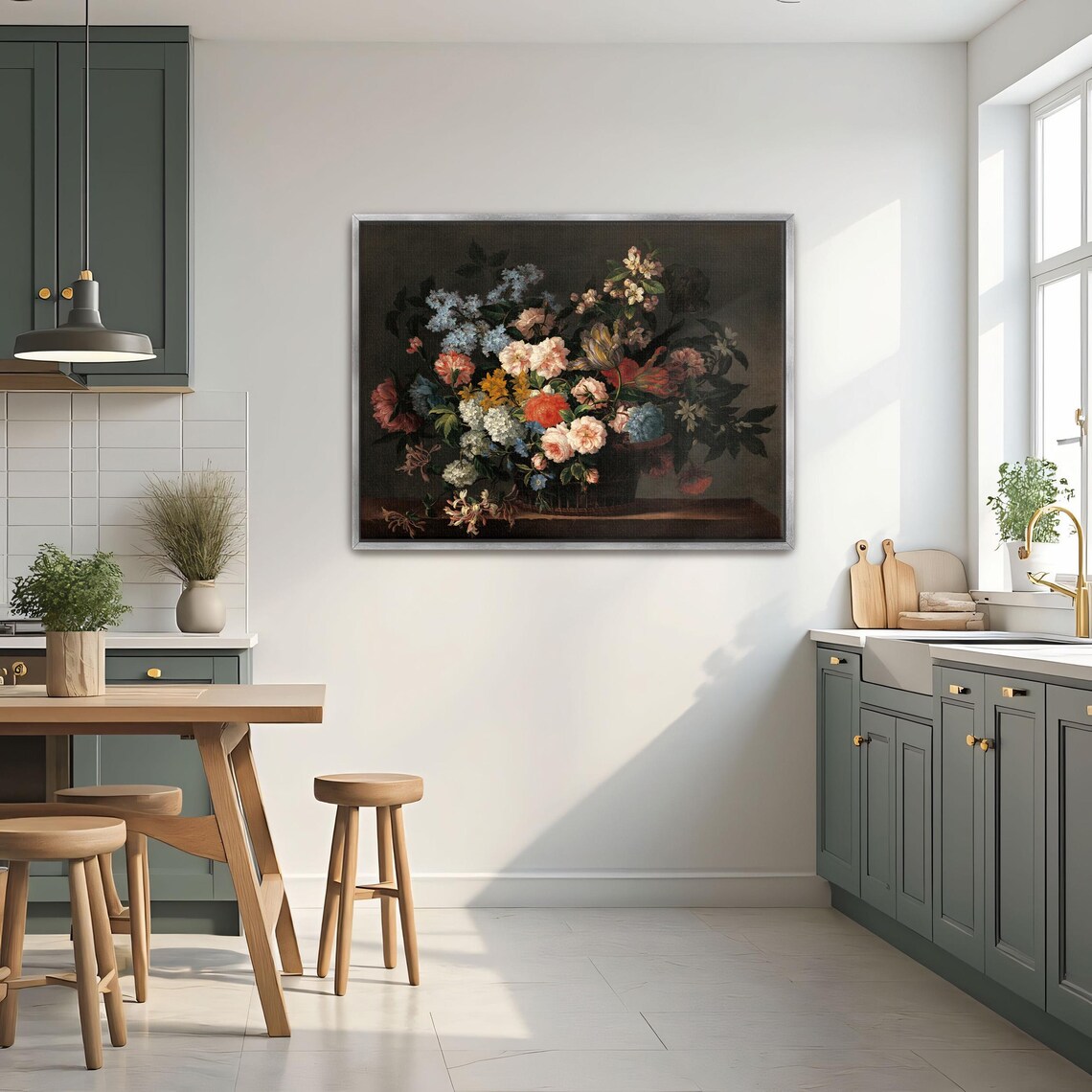 Dutch Master Style Basket Of Mixed Flowers On Dark Ground Poster - Image 2