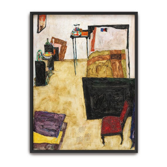 Framed Wall Art Of A Room With A Bed Chair And Table Geometric Print Brown And Beige Living Room Art Print Abstract Artwork