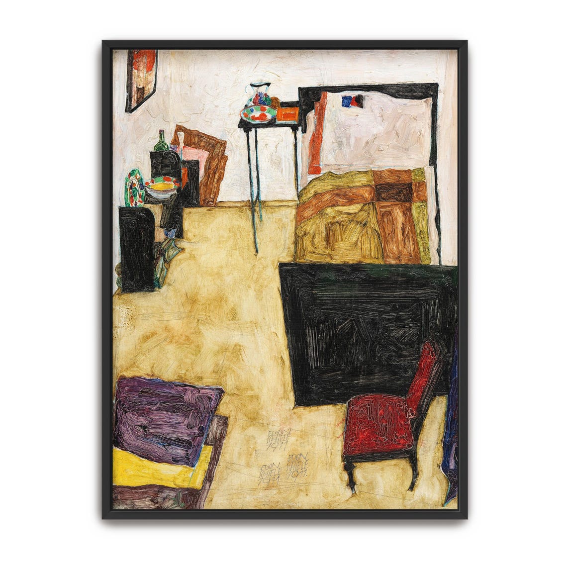 Framed Wall Art Of A Room With A Bed Chair And Table Geometric Print Brown And Beige Living Room Art Print Abstract Artwork