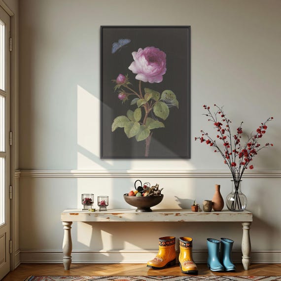 Large Framed Print Of Pink Rose Butterfly Caterpillar Botanical Fine Art Print Pink And Green Kitchen Art Print