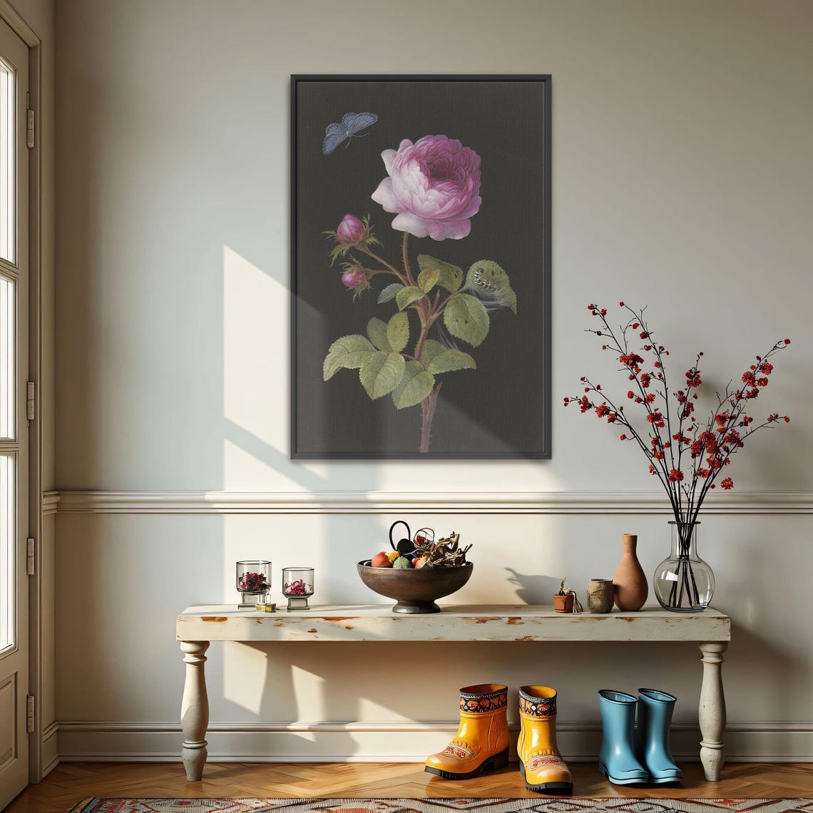 Large Framed Print Of Pink Rose Butterfly Caterpillar Botanical Fine Art Print Pink And Green Kitchen Art Print