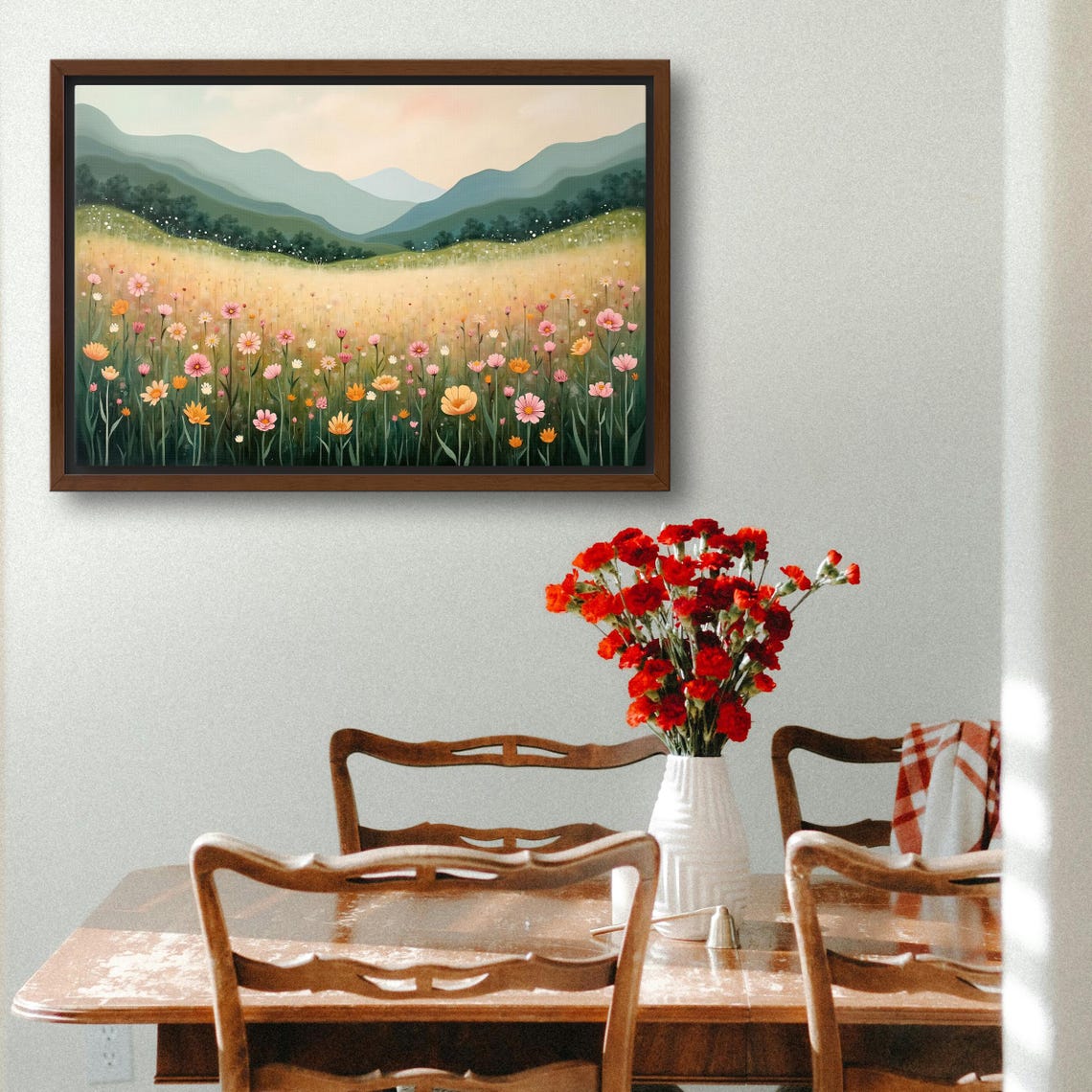 Sunlit Wildflower Meadow With Soft Green Rolling Mountains Poster - Image 3