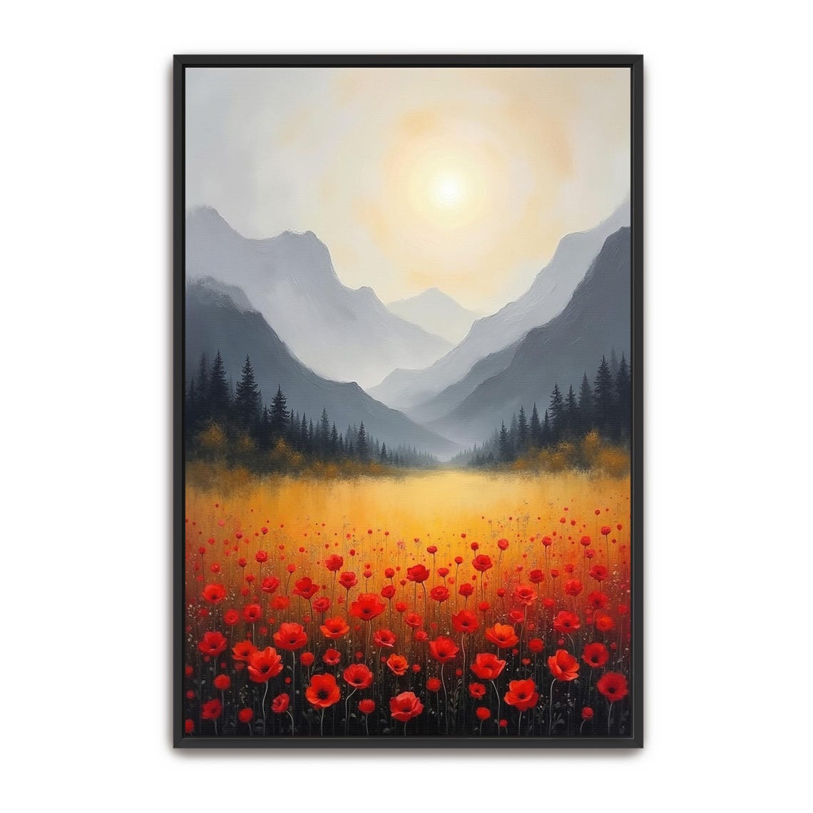 Red Poppies in a Sunlit Mountain Valley Golden Landscape Poster