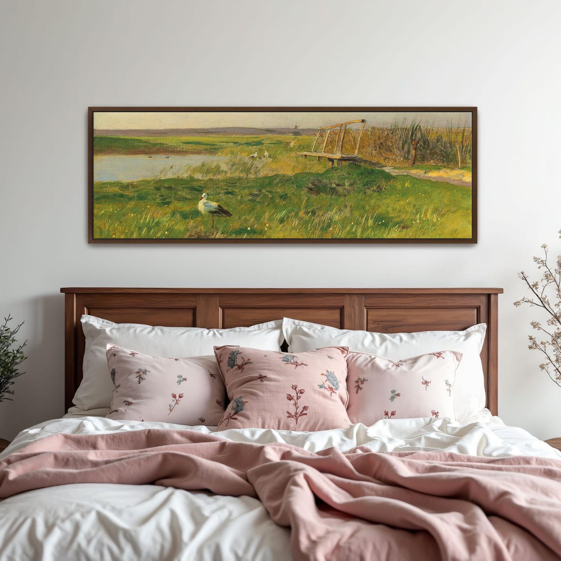 Stork In Grassy Meadow With Wooden Bridge Panoramic Wall Art Horizontal Framed Art Above Bed Wall Art Bedroom And Living Room Art Wide - Image 2