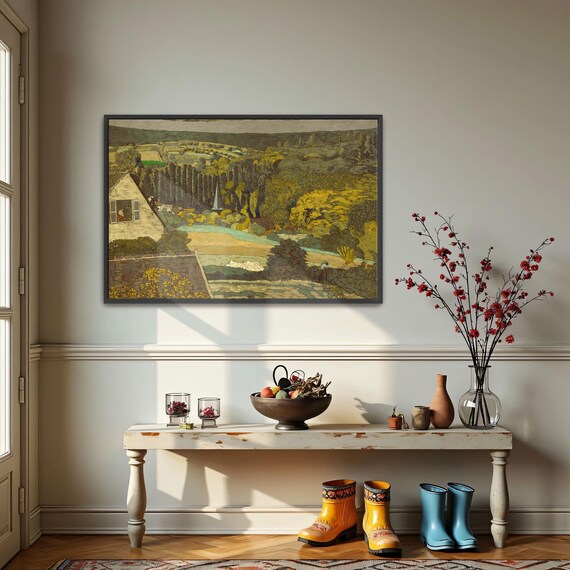 Large Framed Print Of A House With A Window Overlooking A Forest Landscape Fine Art Print Green And Brown Bedroom Decor