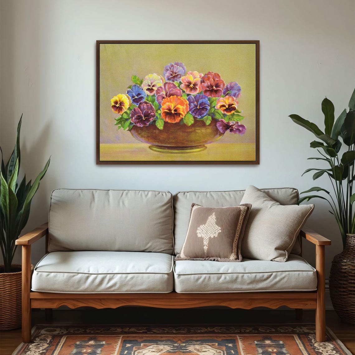 Colorful Pansies Overflowing Brown Bowl Floral Still Life Art Poster - Image 6