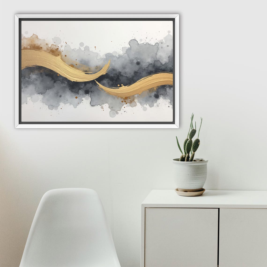 Twin Gold Brushstroke Ribbons Gliding Over Dark Ink Wash Poster - Image 2