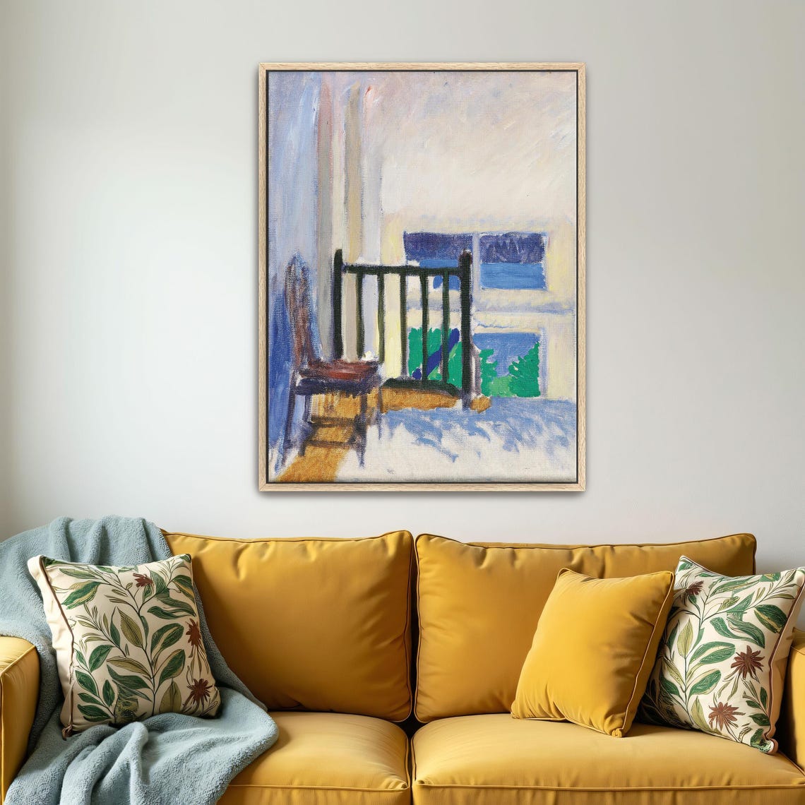 Large Framed Print Of Interior Scene With Chair And Stairs Geometric Fine Art Print Blue And White Entryway Decor - Image 5