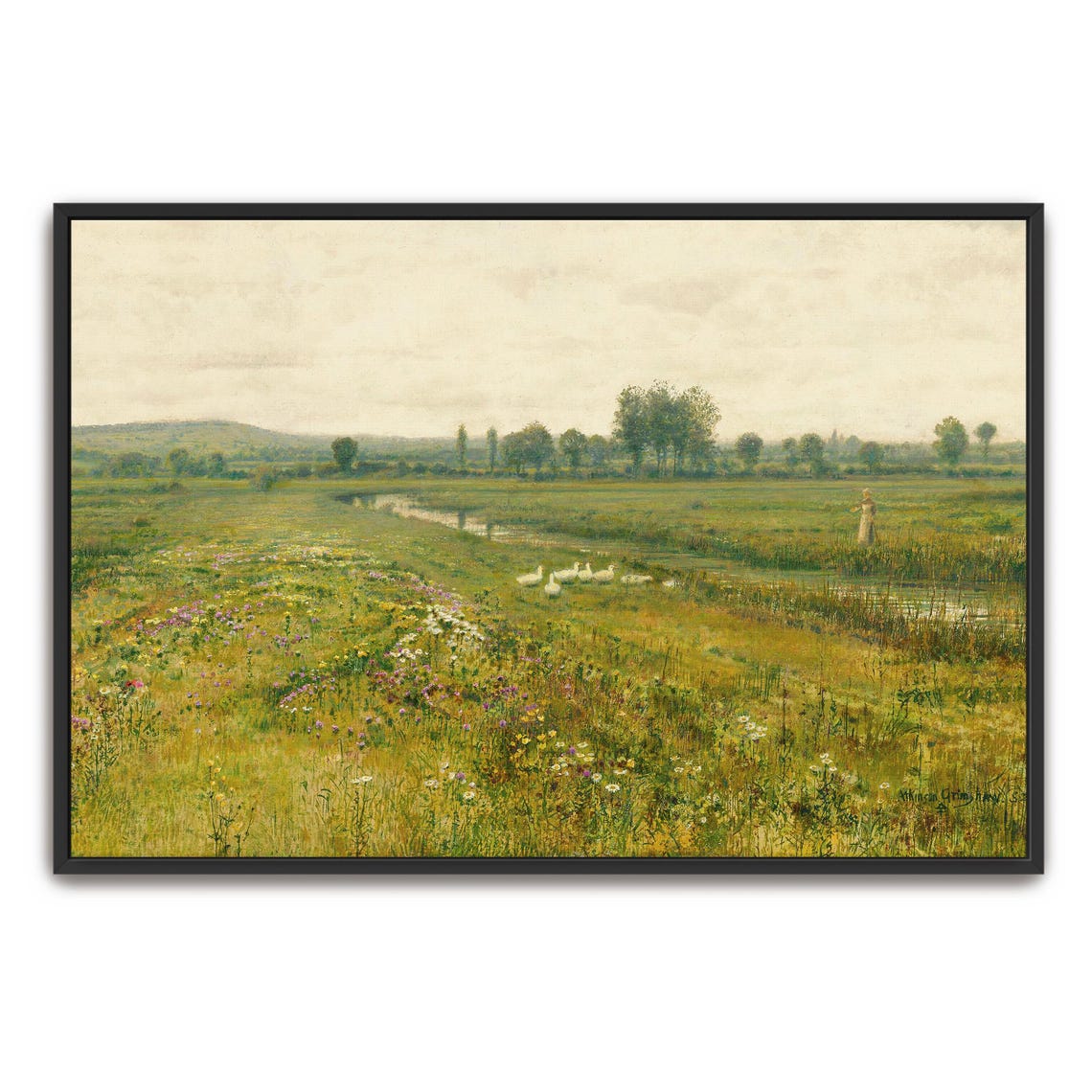 Tranquil Meadow With Geese Wildflowers And A Winding Stream Poster