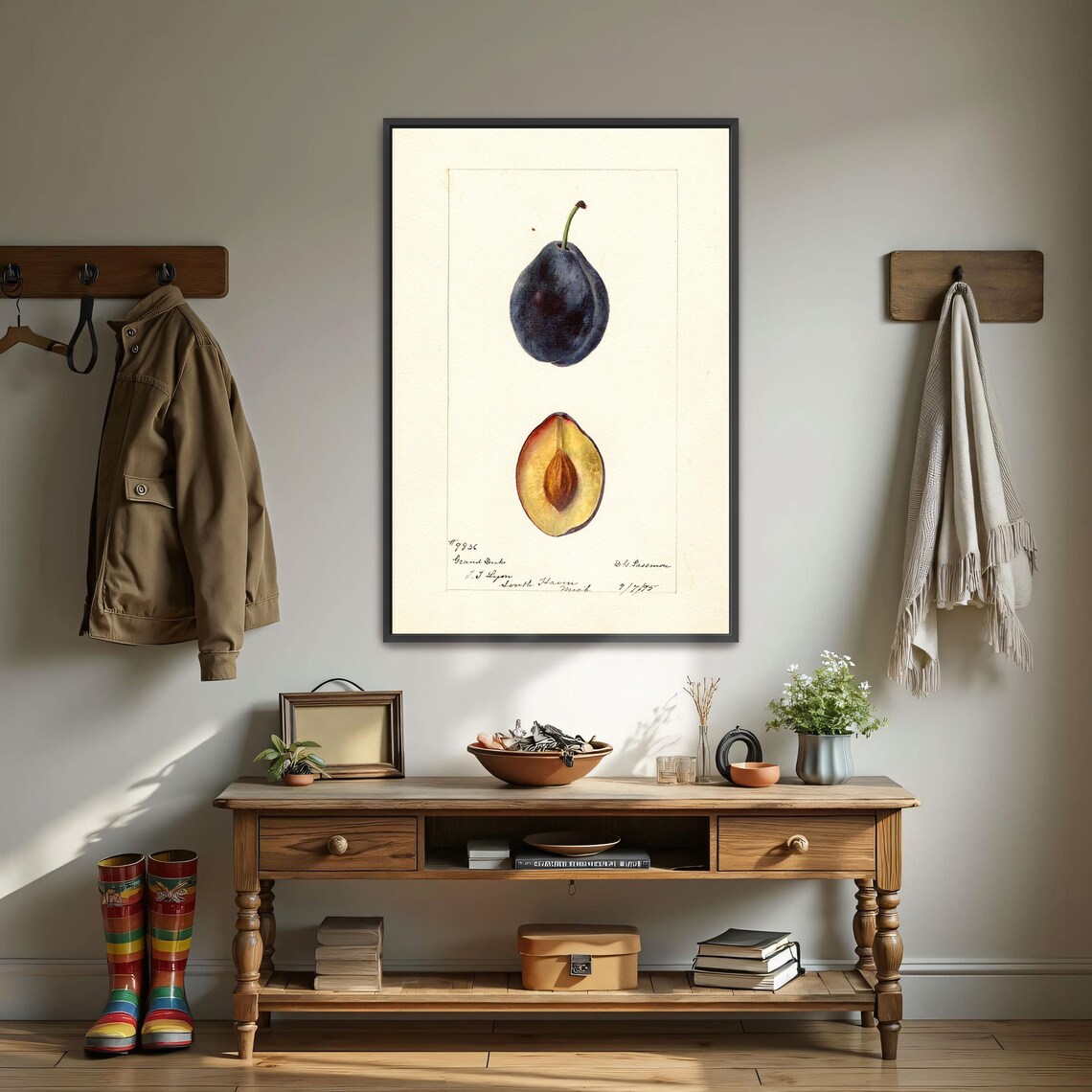 Plum Watercolor Painting, Botanical Kitchen Art