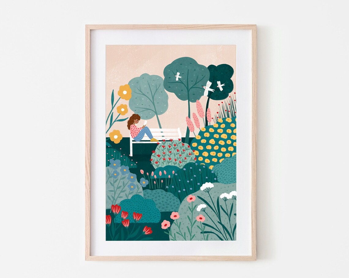 Garden Bench Illustrated Landscape Art Print