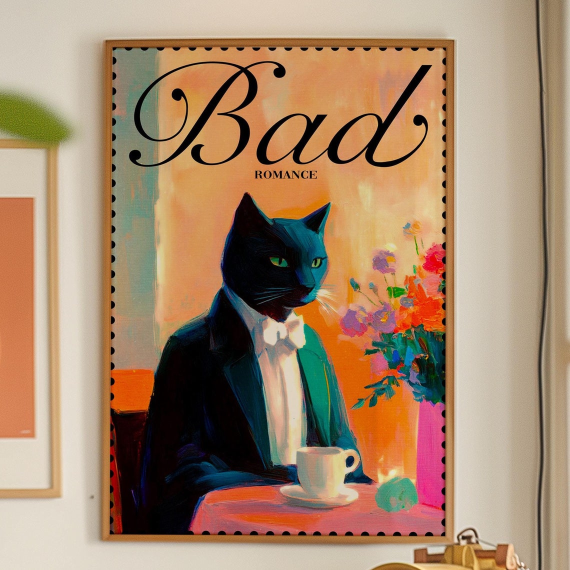 Bad Romance Black Cat Poster Vintage Stamp Style Cafe Portrait Art