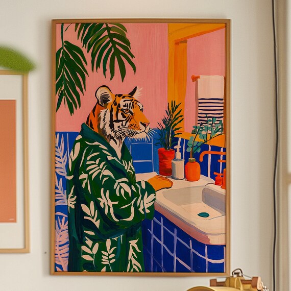 Tiger In Bathtub Art Print Funny Bathroom Maximalist Decor