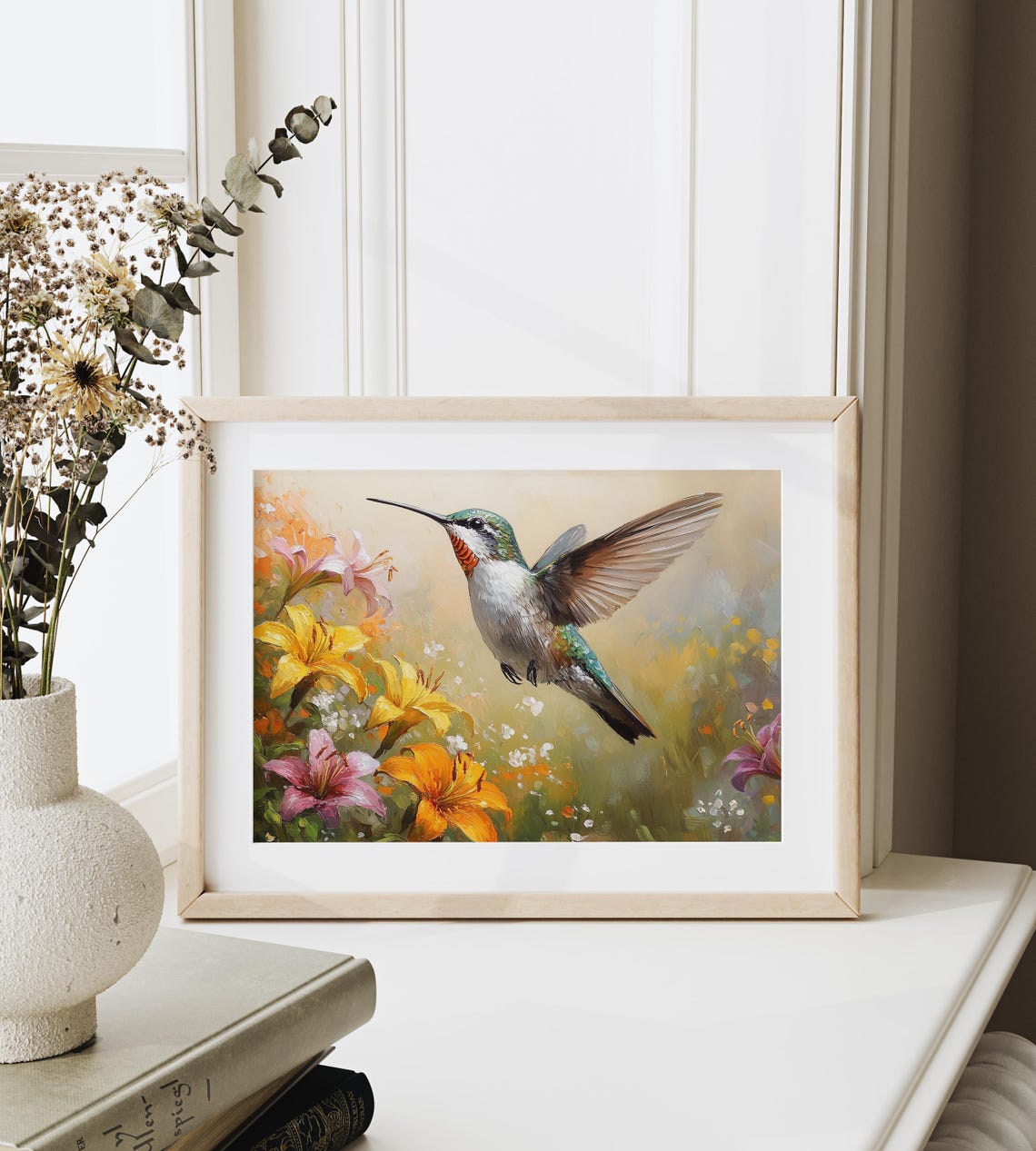 Hummingbird Hovering Among Bright Daylilies Summer Garden Art Poster - Image 3
