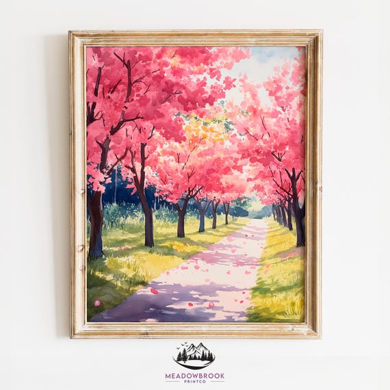 Springtime Blooming Orchard Path Watercolor Wall Art Vibrant Cottagecore Nature Scene Rustic Farmhouse Decor Landscape Print 946