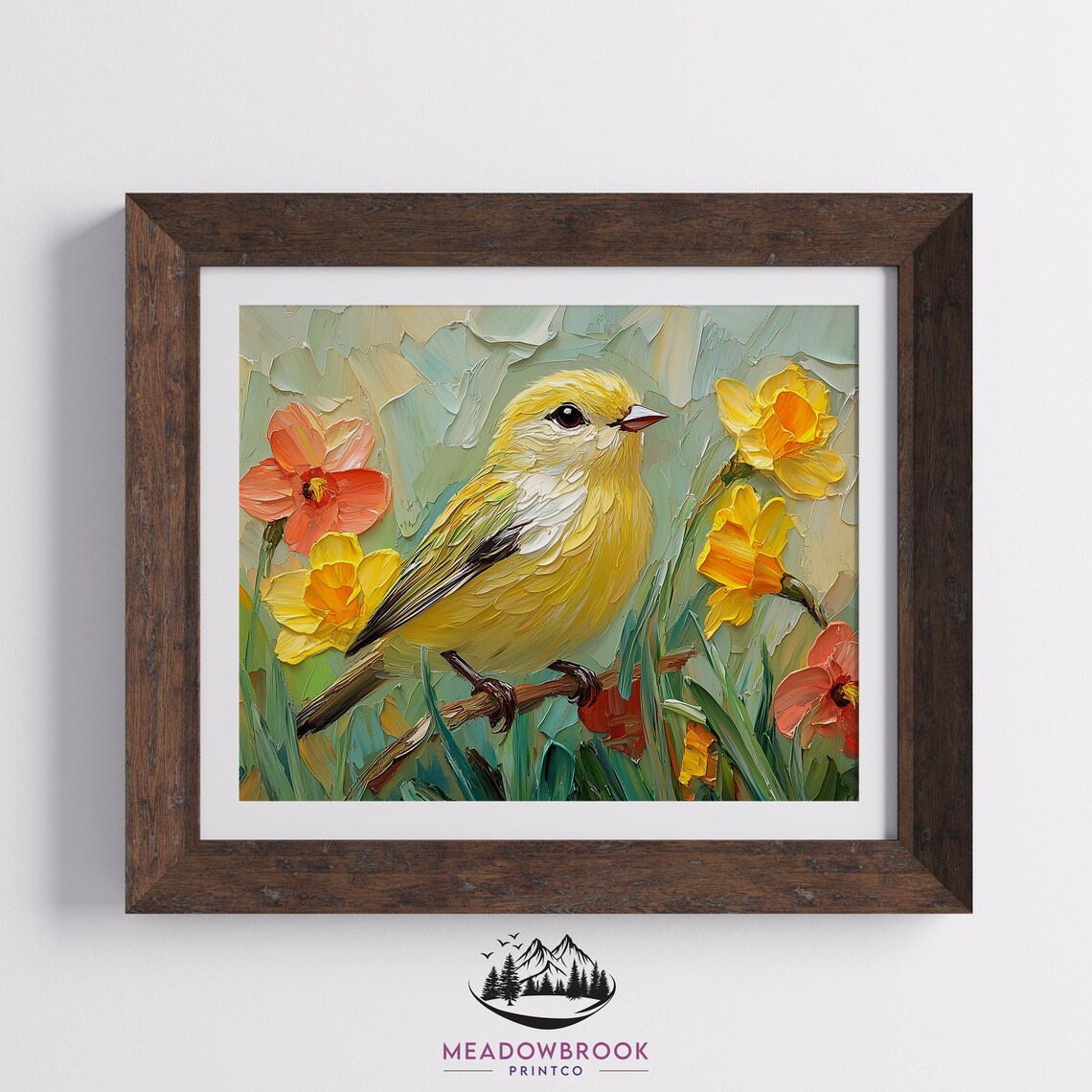 Yellow Finch Among Bright Daffodils Spring Impasto Garden Art Poster - Image 2