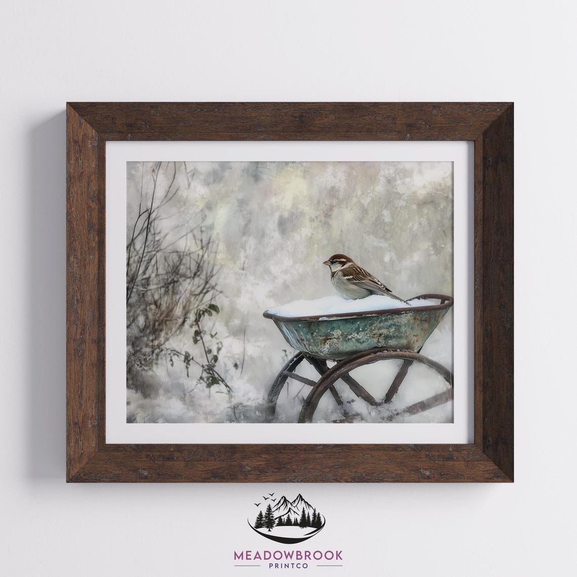 Sparrow On A Rusty Wheelbarrow Snowy Garden Vintage Art Poster - Image 2