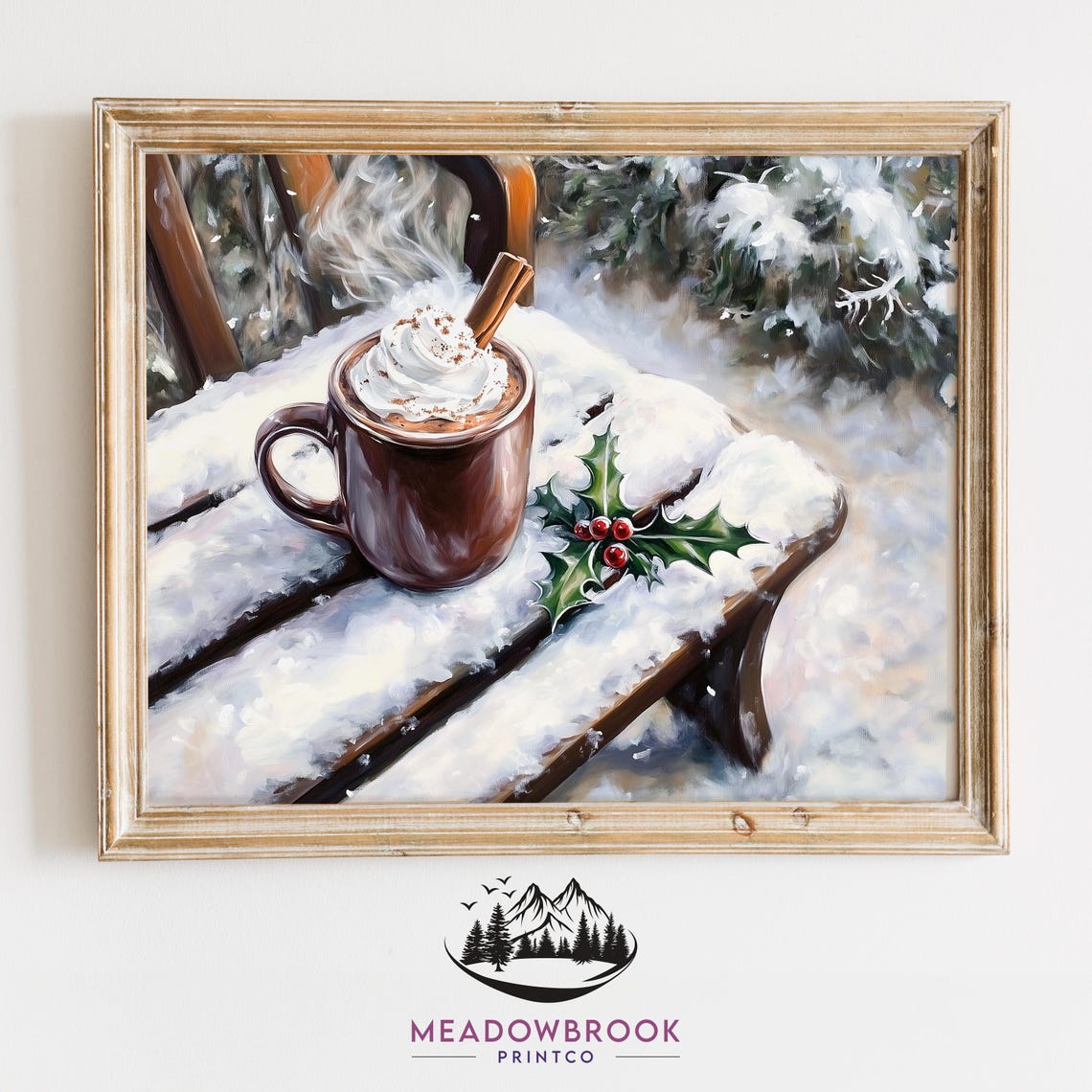 Hot Cocoa Mug On Snowy Bench With Holly Rustic Winter Art Poster