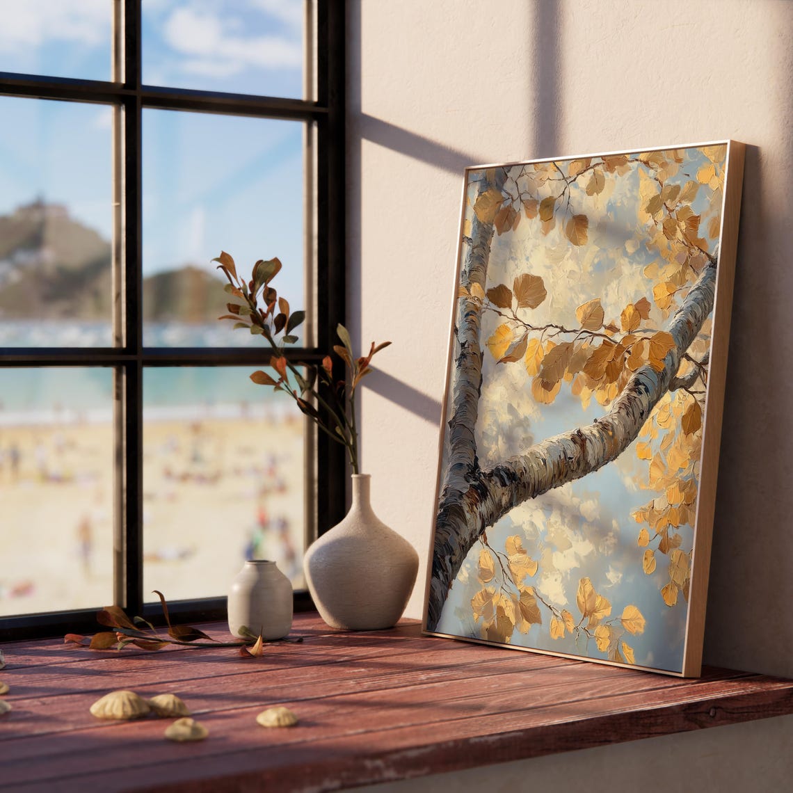 Golden Autumn Birch Branches Against Soft Blue Sky Nature Wall Art - Image 2
