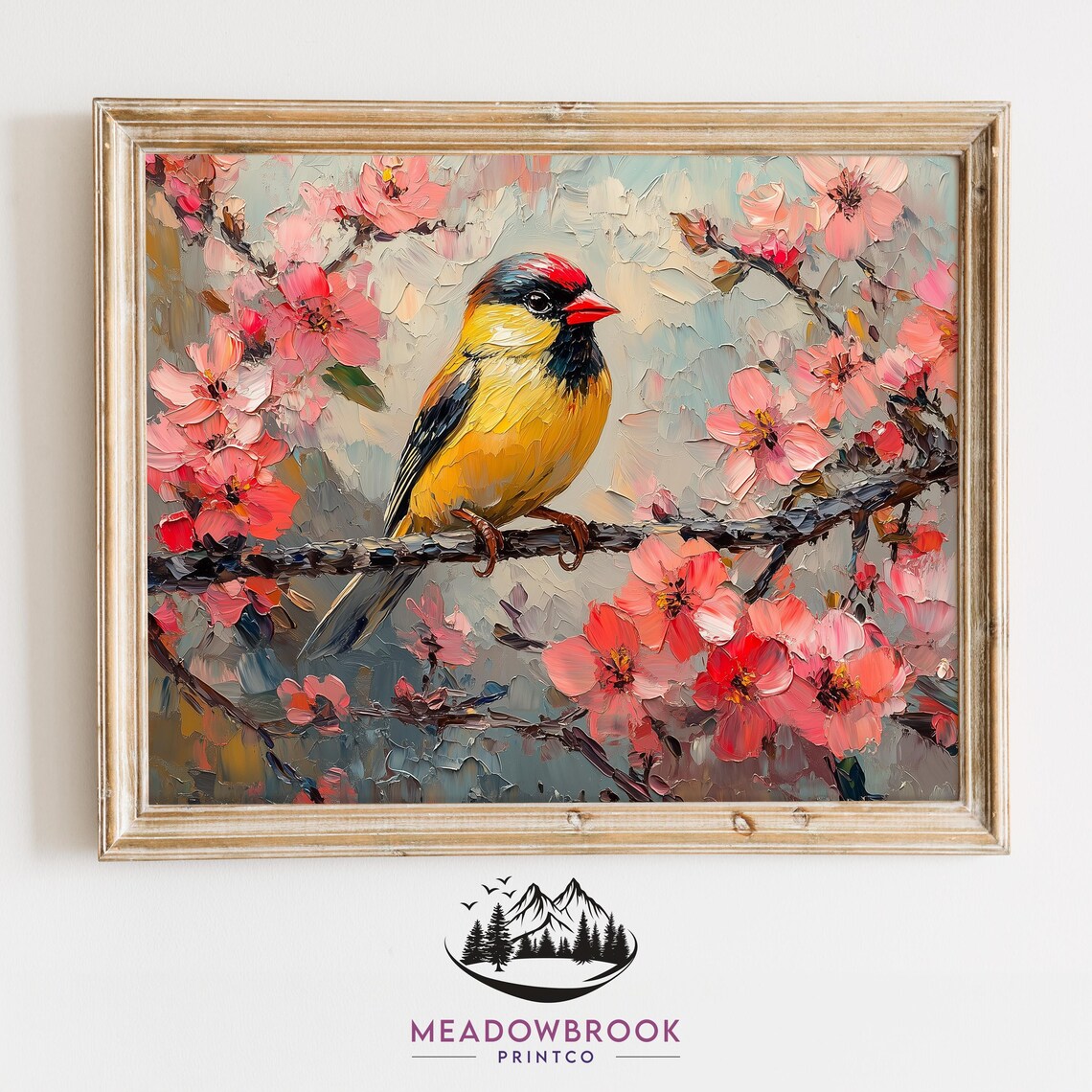 Goldfinch With Red Cap Among Pink Blossoms Impasto Spring Art Poster