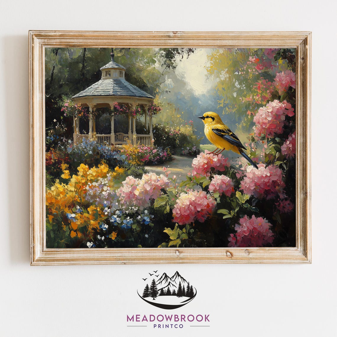 Yellow Goldfinch On Flowering Hydrangea Bush In Garden Gazebo Poster