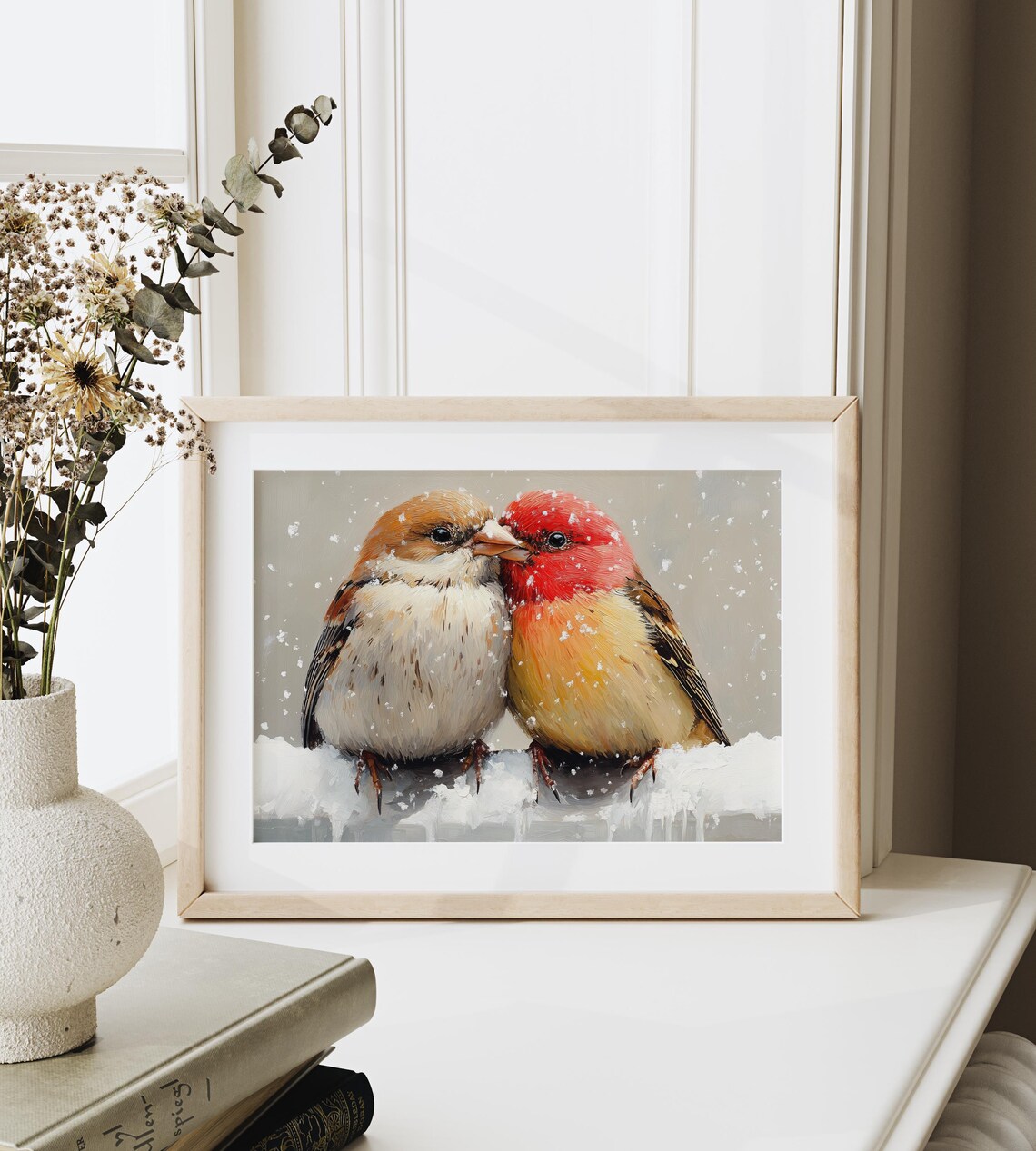 Pair Of House Finches Cuddled Together On Snowy Winter Branch Poster - Image 3