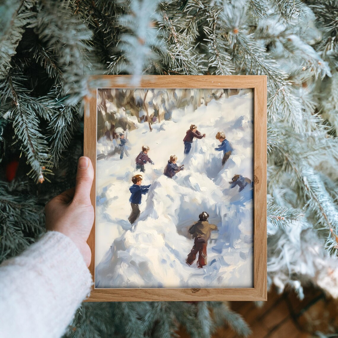 Children Building Snow Forts Rustic Winter Art Print - Image 3