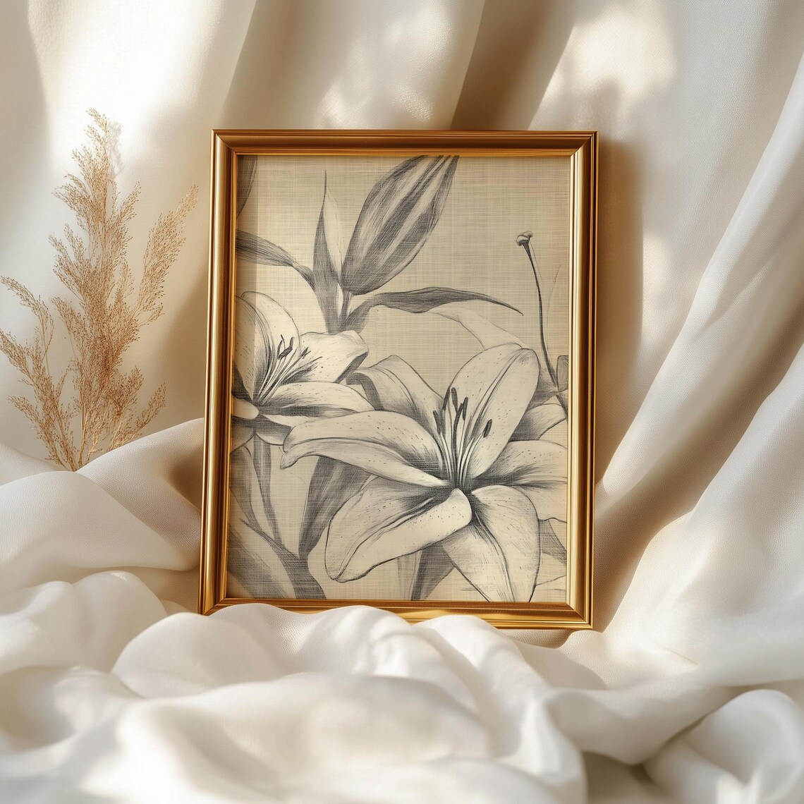 Vintage Lily Flowers Pencil Sketch Neutral Botanical Art Poster - Image 2