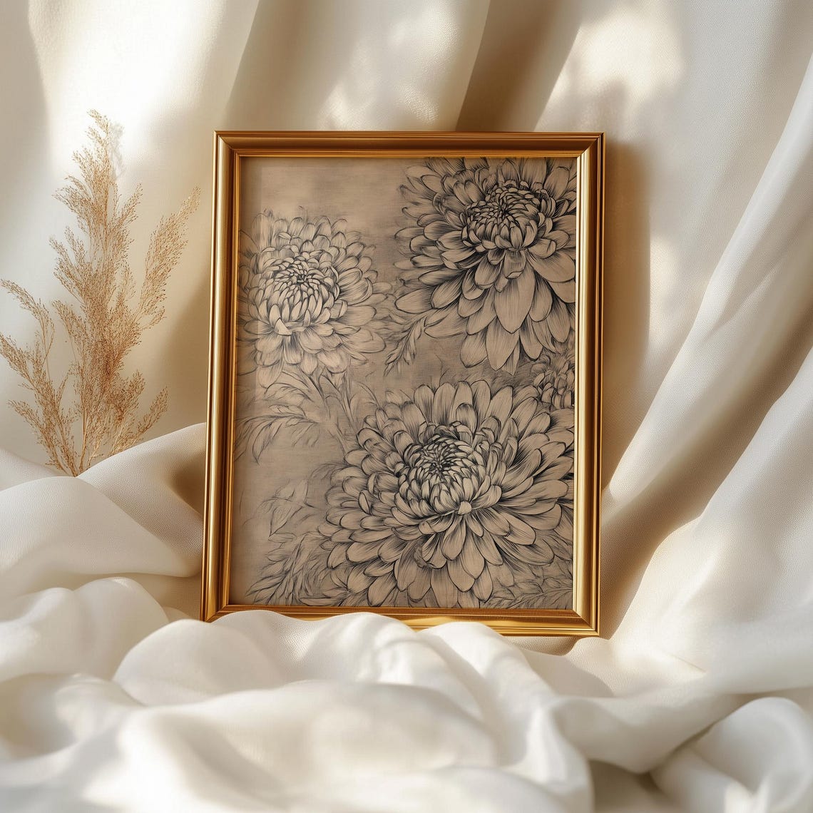 Chrysanthemum Pencil Sketch Rustic Botanical Burlap Art Print Poster - Image 2