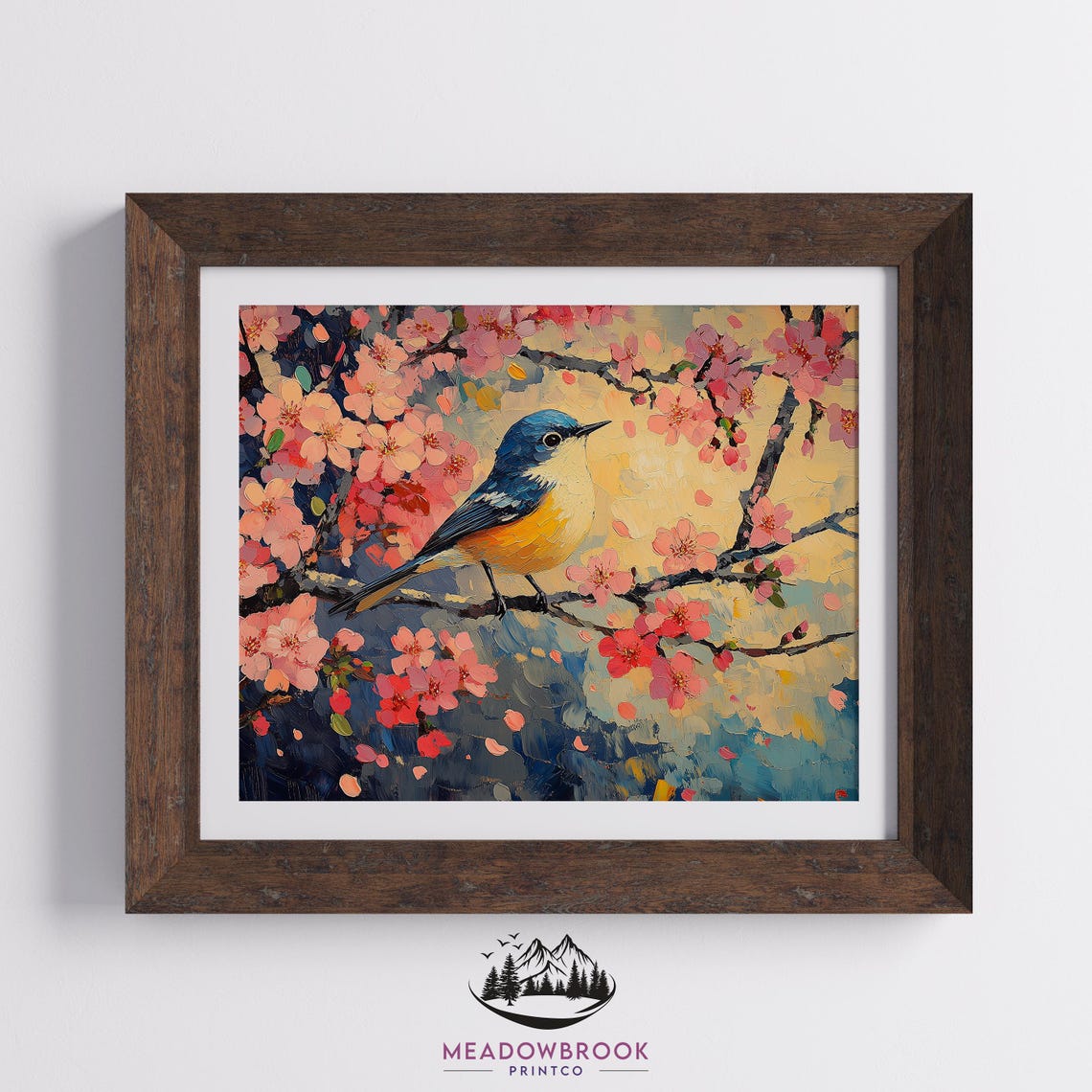 Blue Yellow Songbird In Cherry Blossom Canopy Impasto Spring Poster - Image 2