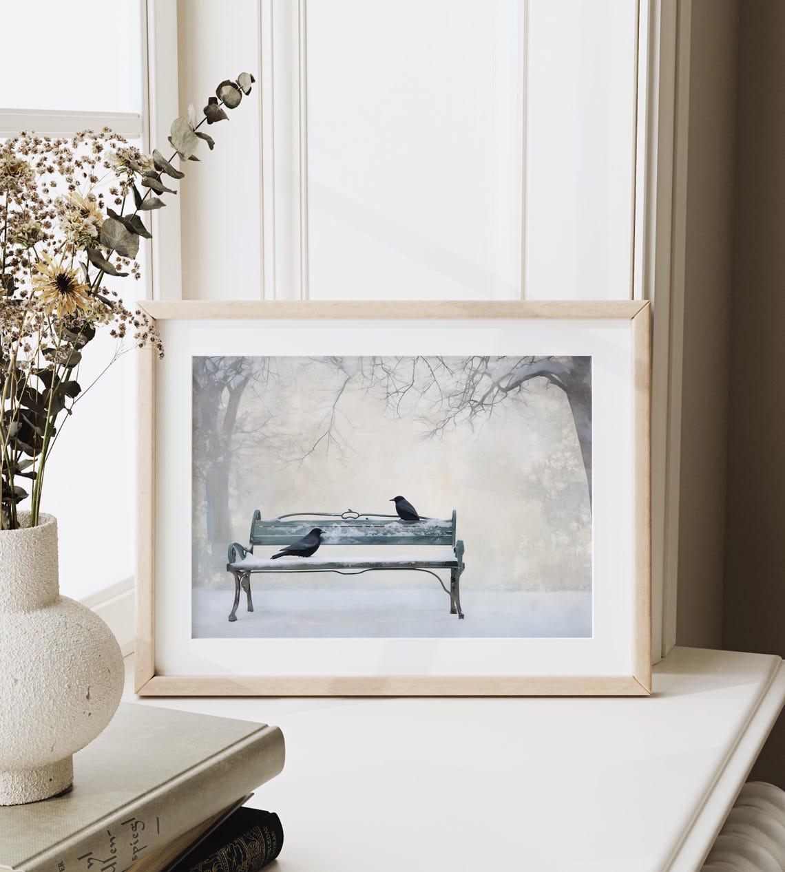 Blackbirds On Snowy Park Bench Serene Winter Bird Painting Print - Image 3
