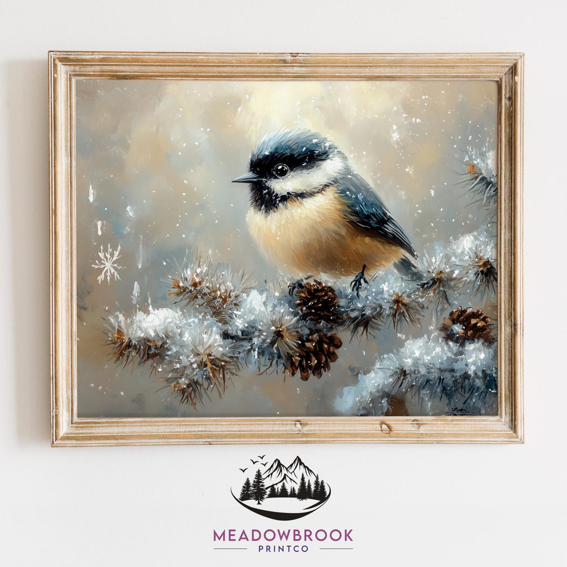 Chickadee Bird on Snowy Evergreen Branch With Pinecones Winter Art