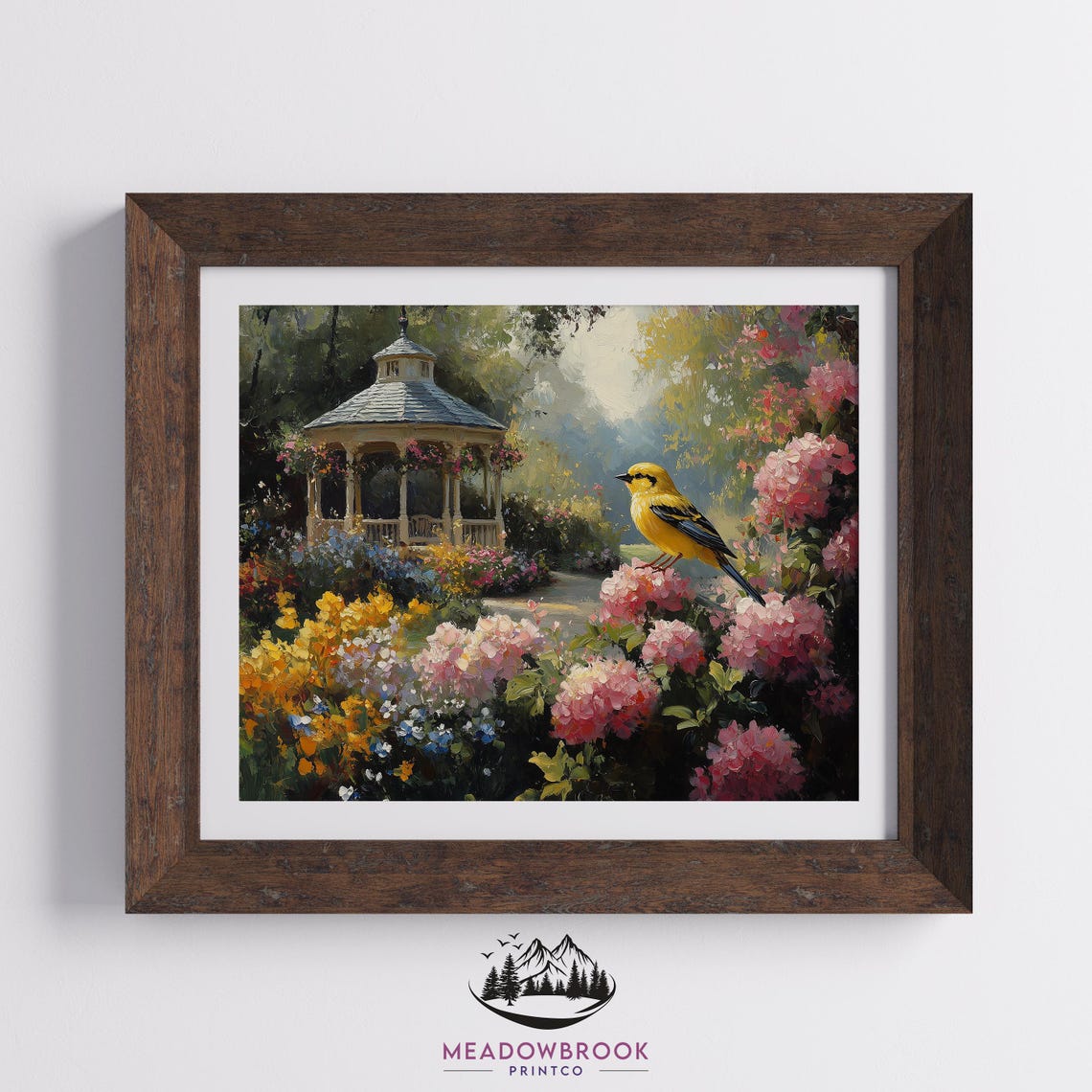Yellow Goldfinch On Flowering Hydrangea Bush In Garden Gazebo Poster - Image 2
