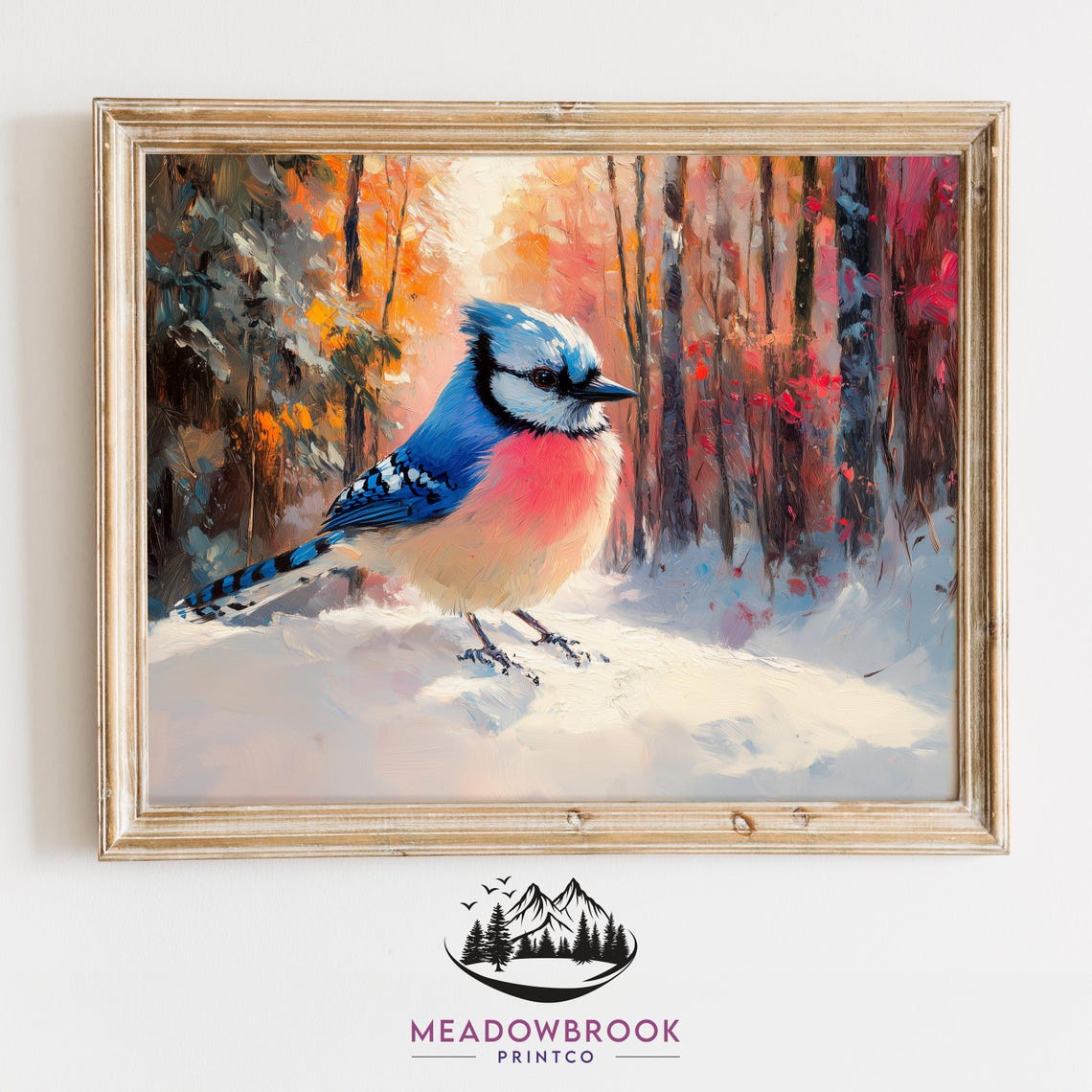 Blue Jay Standing In Snowy Winter Forest Warm Sunset Glow Bird Poster
