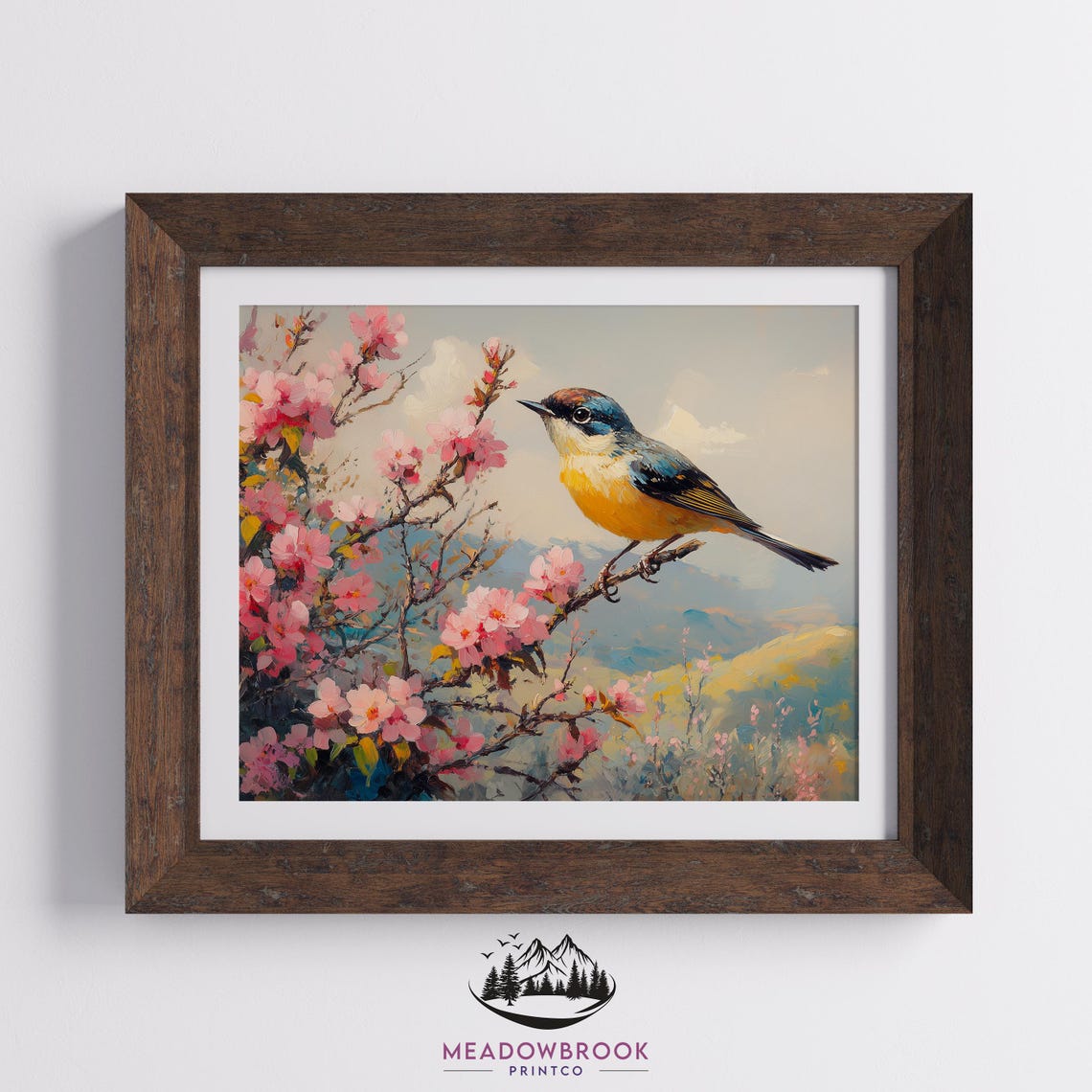 Finch Bird on Pink Spring Blossom Branch With Soft Mountain View Art - Image 2