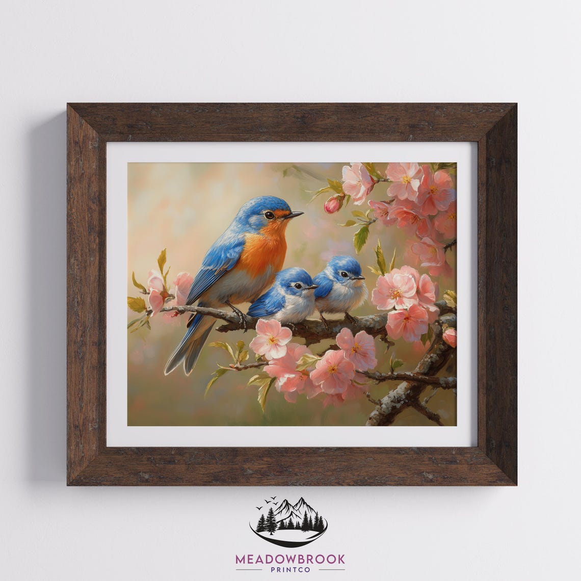 Bluebirds On Pink Cherry Blossoms Spring Romantic Bird Art Poster - Image 2
