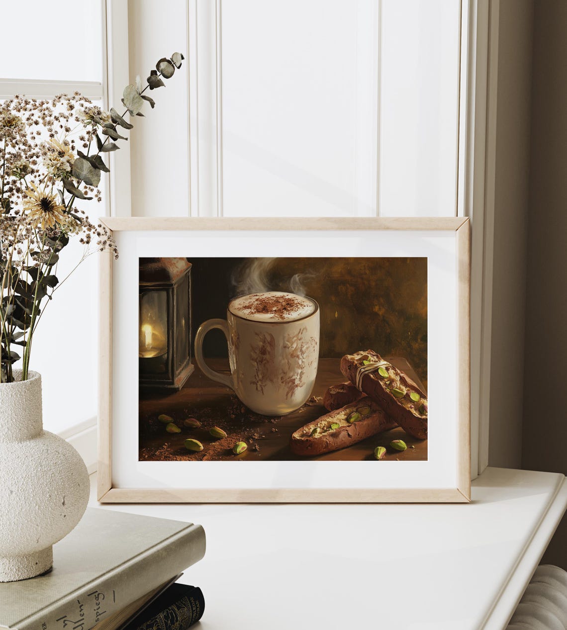 Steaming Cocoa Mug With Pistachio Biscotti Rustic Lantern Art Poster - Image 3