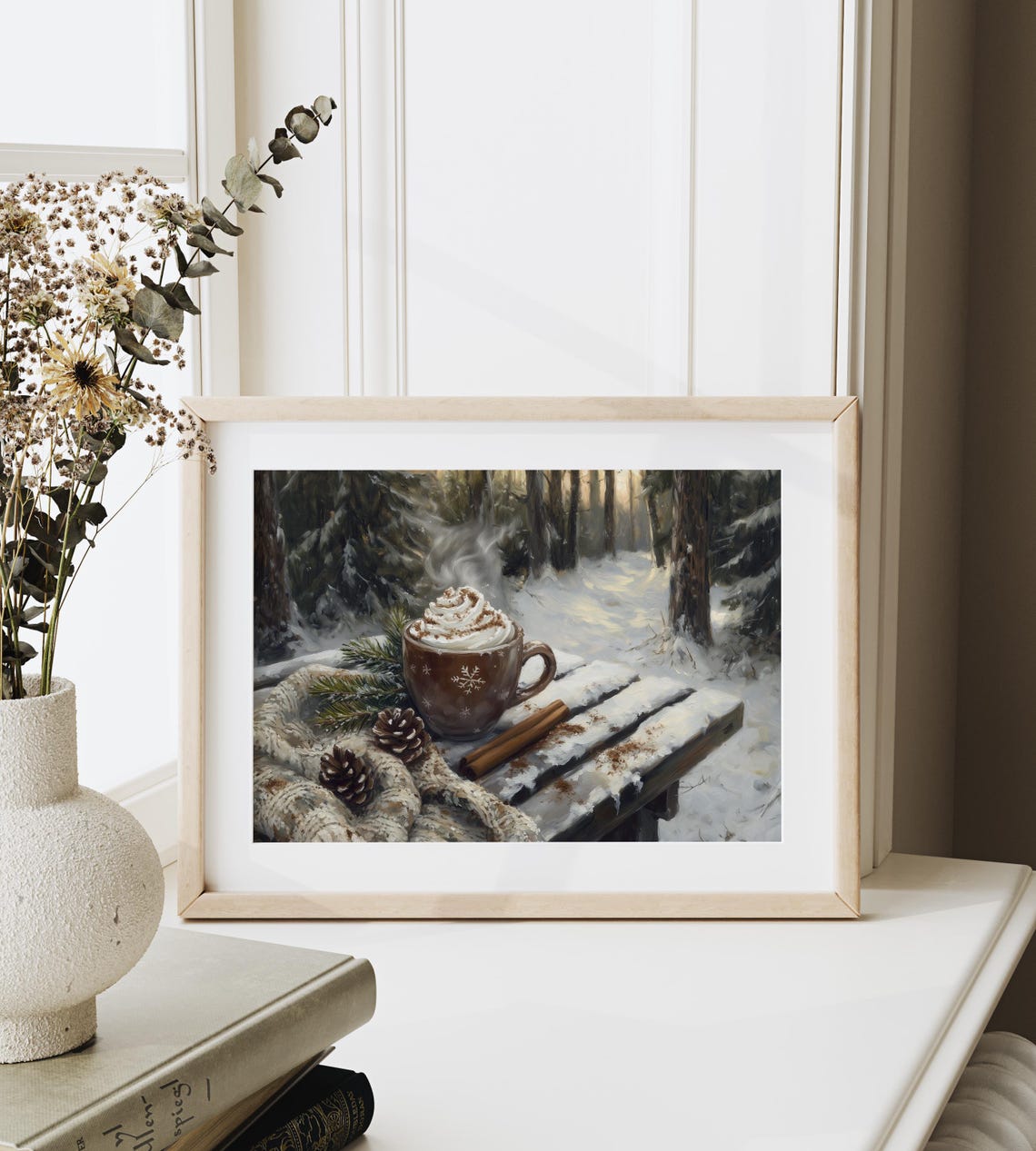 Hot Cocoa With Whipped Cream On Snowy Forest Bench Painting Print - Image 3