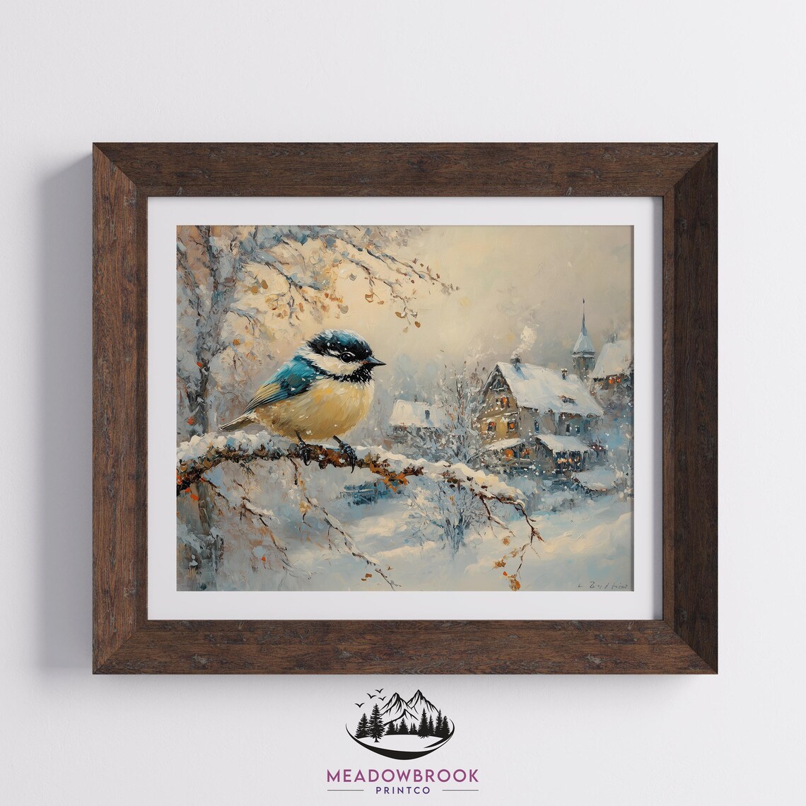 Blue Tit Bird on Snowy Branch Above Cozy Winter Village Scene Poster - Image 2