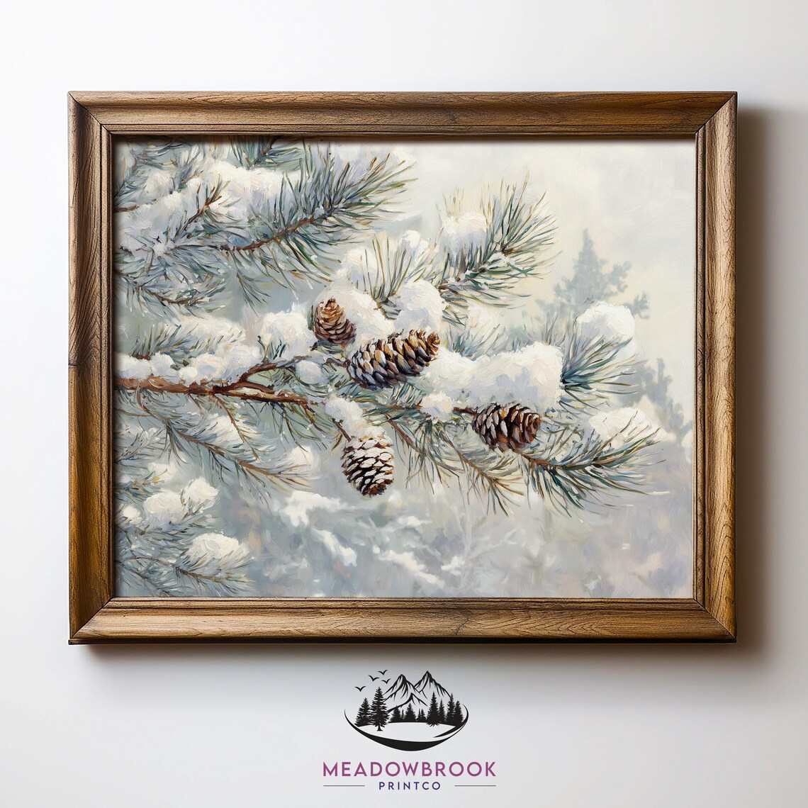 Snow Laden Pine Branches With Pinecones Vintage Winter Painting Print