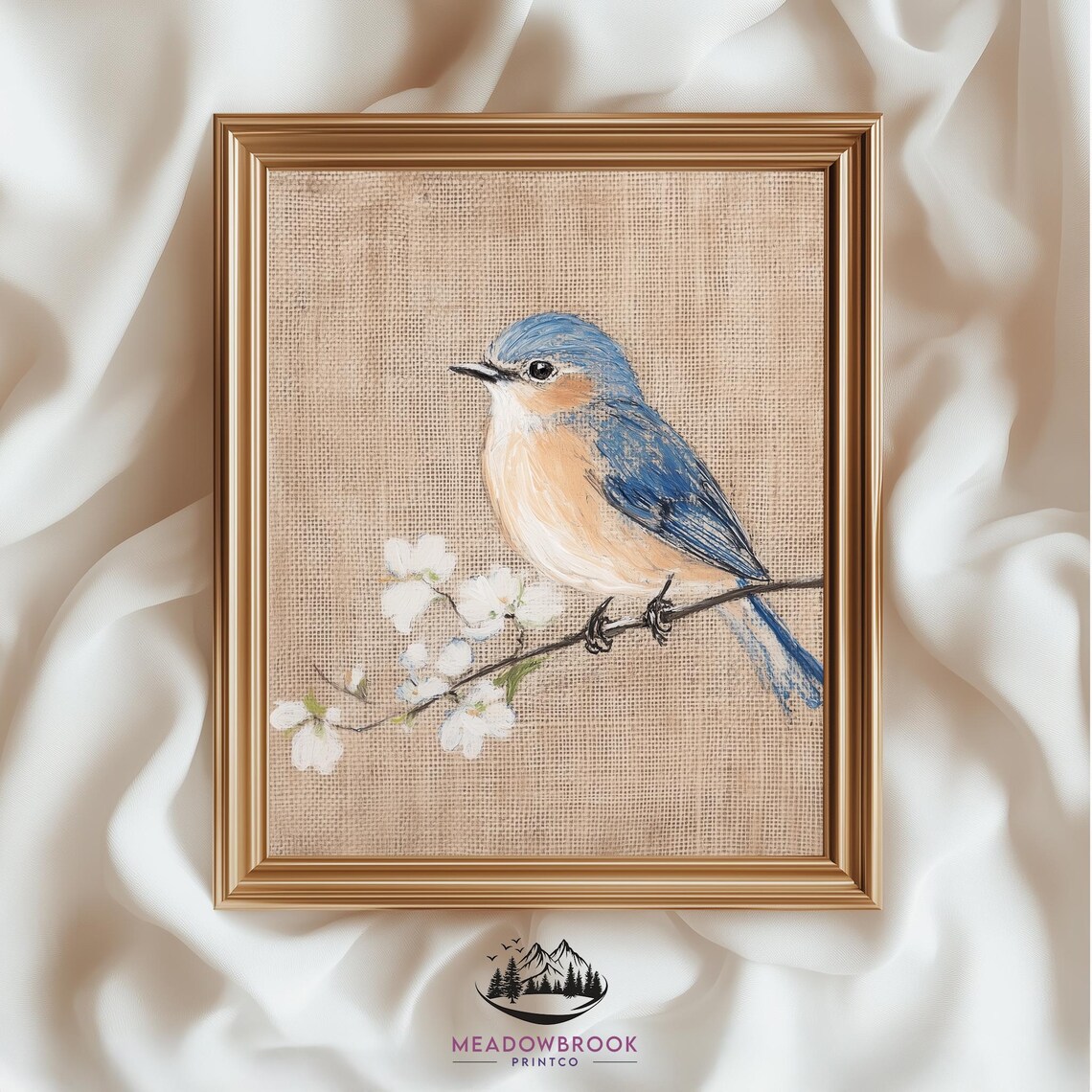 Bluebird On Branch Watercolor Burlap Farmhouse Bird Art Print Poster