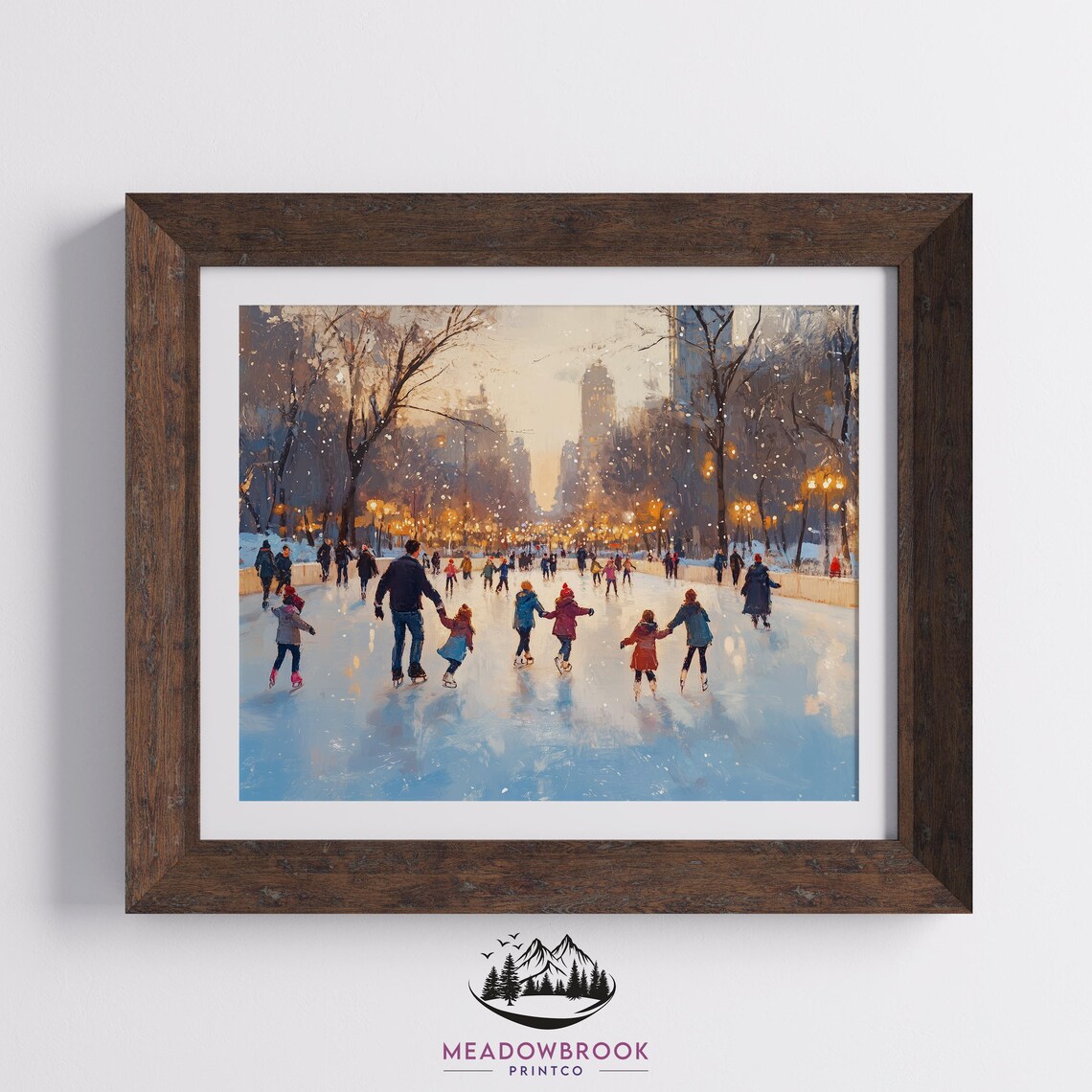 Winter Ice Skaters in Snowy City Park, Art Print - Image 2
