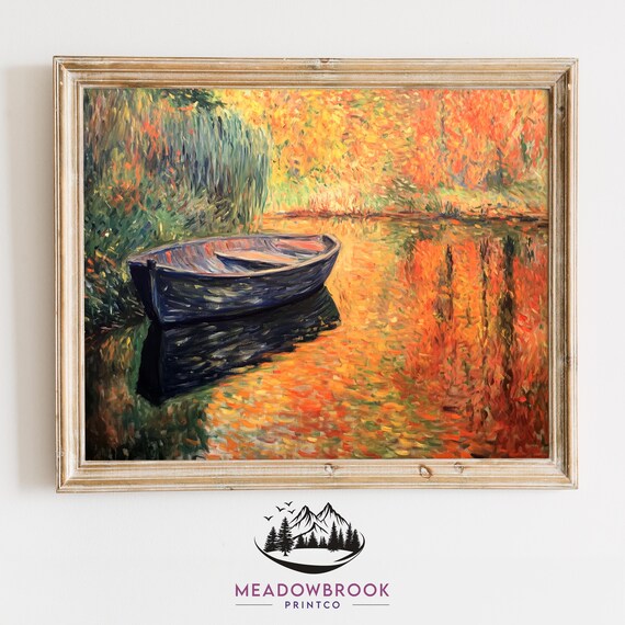Small Boat Resting On Autumn Waters Serene Fall Trees Reflecting On Lake Rustic Earthy Decor Moody Fall Landscape Wall Art Print 93