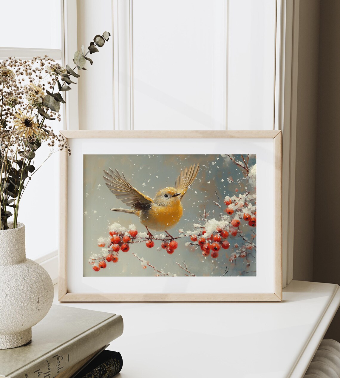 Goldfinch Bird Landing on Snowy Winter Red Berries Branch Wall Poster - Image 3