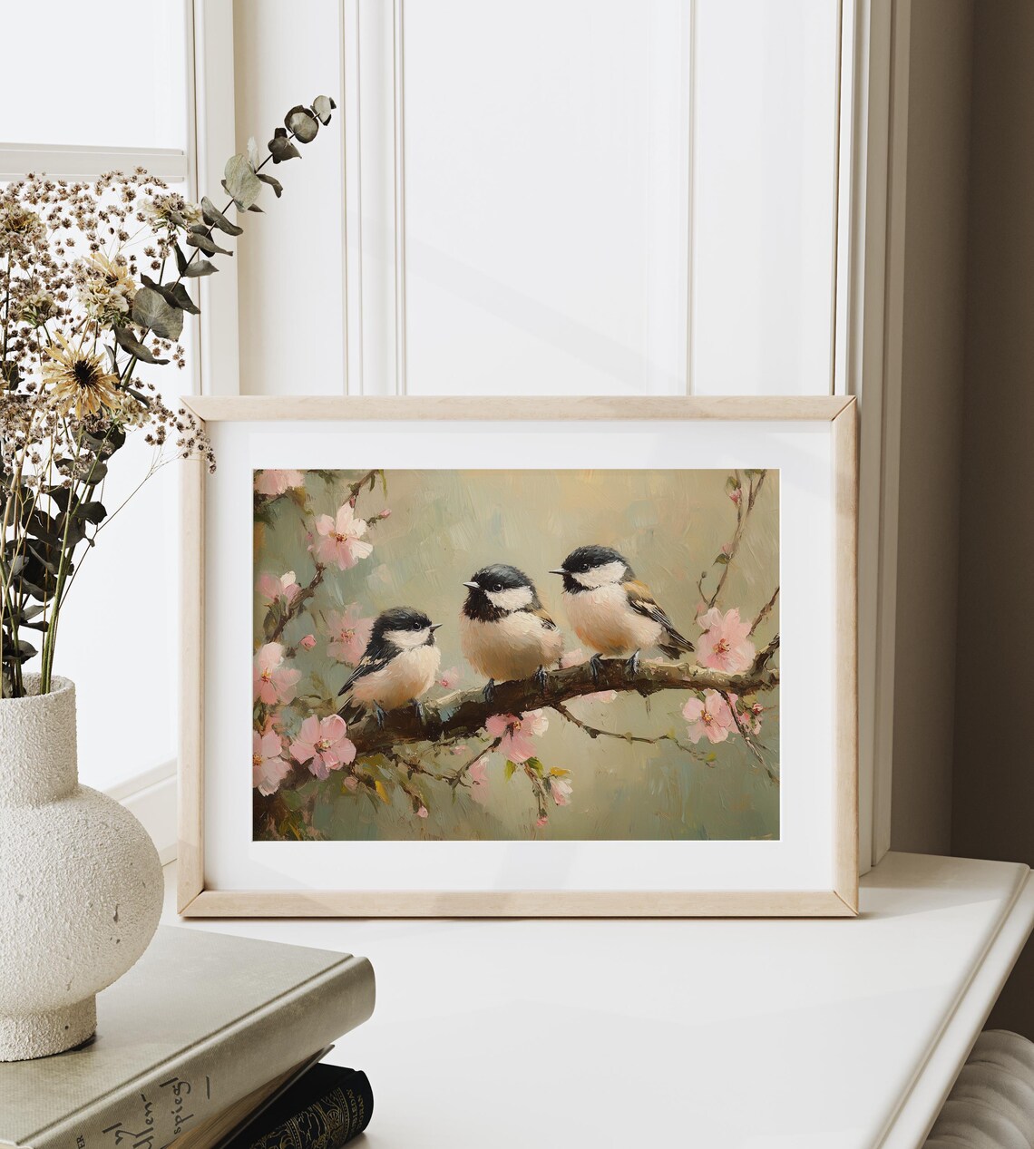 Chickadees on Cherry Branch Art Print, Cottagecore - Image 3
