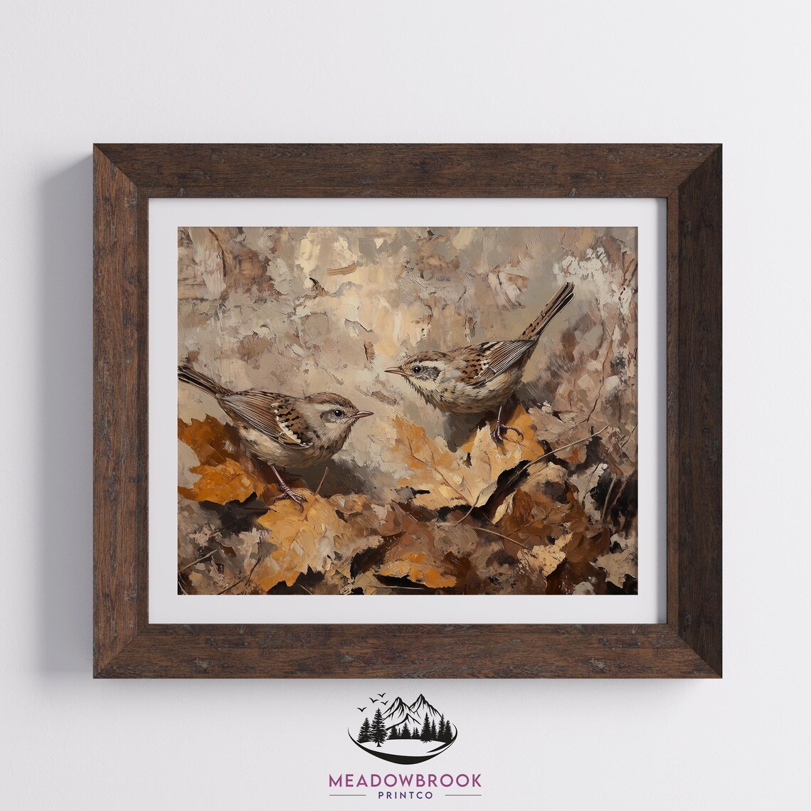 Pair Of Wrens Among Autumn Leaves Vintage Bird Painting Print - Image 2
