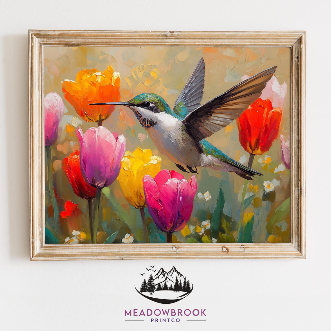 Hummingbird In Flight Among Colorful Tulips Impasto Spring Art Poster